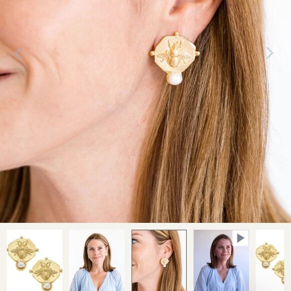 Gold Bee Pearl Earrings - Picture 2 of 3